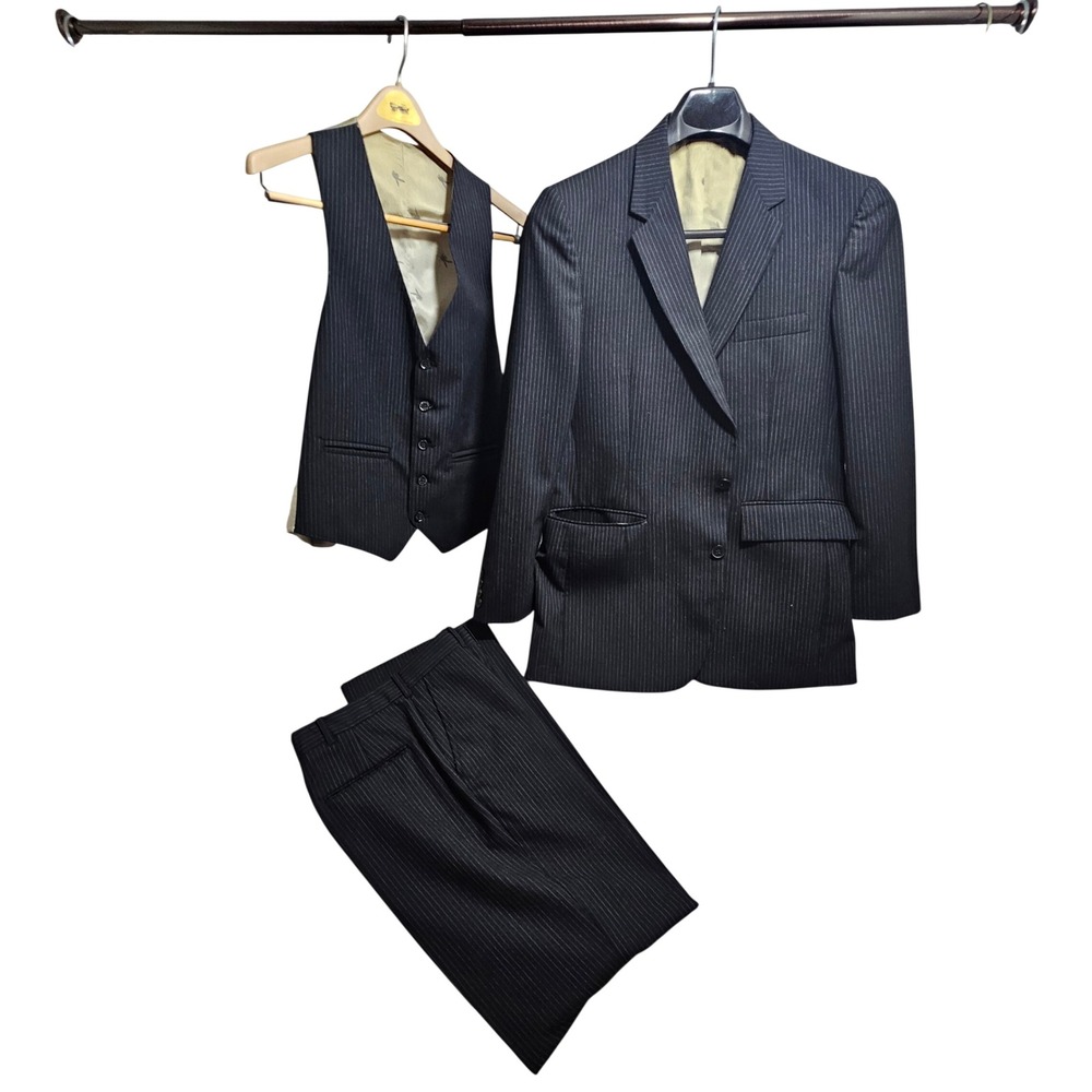 Playboy 3-Piece Suit Men Black Pinstripe Vintage Blazer 40R Vest Trousers Set